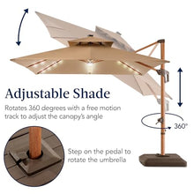 Best Choice Products 10ft Square Cantilever Patio Umbrella w/Base Included, Woodgrain Pattern Pole & Solar LED Lights, 360-Rotation, Offset Hanging Outdoor Shade - Tan