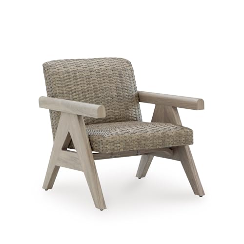 Signature Design by Ashley Haven Retreat Outdoor Rocking Lounge Chair, Rust-Free Aluminum Frame, All-Weather Handwoven Resin Wicker, Patio Rocker with Quick-Dry Cushion, Beige