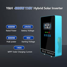 Y&H 4000W Hybrid Solar Inverter DC24V 120VAC Pure Sine Wave Output Battery-Free Starting, Built-in 140A MPPT Charger, 6.25" Touch LCD, UPS/Line/Battery Mode, for Off-Grid Home/RV/Energy Storage System