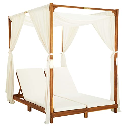 Xolmizyn Double Sun Lounger with Canopy and Curtains, Solid Acacia Wood Outdoor Daybed for Garden Patio, Adjustable Headrest Foldable 2-Person Lounge Chair, Cream White