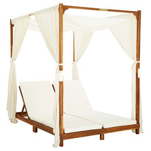 Xolmizyn Double Sun Lounger with Canopy and Curtains, Solid Acacia Wood Outdoor Daybed for Garden Patio, Adjustable Headrest Foldable 2-Person Lounge Chair, Cream White