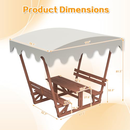 Outdoor Waterproof Solid Wood Picnic Table Set with Removable Canopy – All-Weather 6-Seater Patio Dining Furniture for Backyard, Garden, Deck, Beach & Camping
