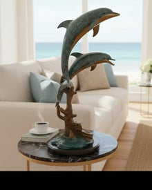 Nifao Dolphin, Coastal Ocean Decor Medium Bronze Statue, 18"L x 16"W x 39"H