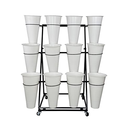 MIIKHI Plant stand3 Layer Flower Stand with Wheels, Metal Plant Stand with 12 Plastic Flower Buckets, Heavy Duty Movable Plant Cart Shelf, Flower Bucket Holder Shelves
