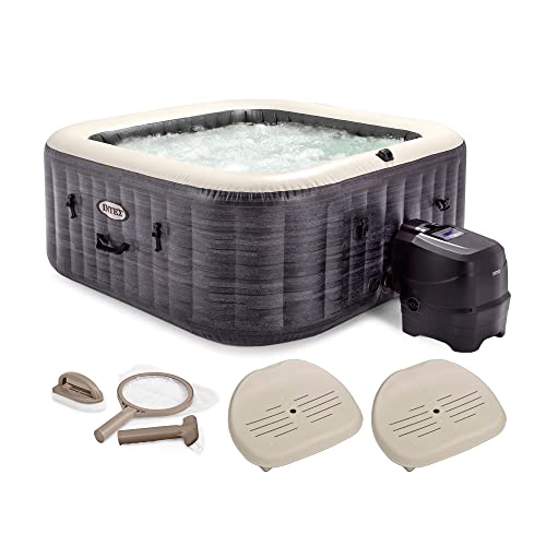 Intex PureSpa Plus Greystone Inflatable Square Hot Tub with Maintenance Kit & Seats Gray
