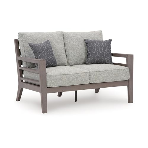Benzara Karo 55 Inch Outdoor Loveseat Cushioned Seating Gray Brown