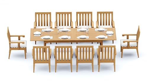 TeakFurnitureOutlet A-Grade Teak 11pc Dining 118" Rectangle Table 10 Caranas Arm Chairs Set Outdoor