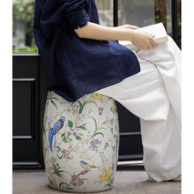 DESALAI Decorative Drum Stool with Flowers & Butterflies - Glazed Ceramic Bohemian Garden Seat for Patio and Living Room