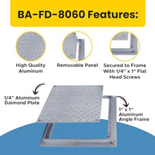 Best 24” x 24” Removable Flush Floor Access Panel, Reinforced Aluminum Diamond Plate Floor Access Door Secured with 1/4" x 1" Flat Head Screws, Non-Hinged Floor Panel, Mill Finish, BA-FD-8060