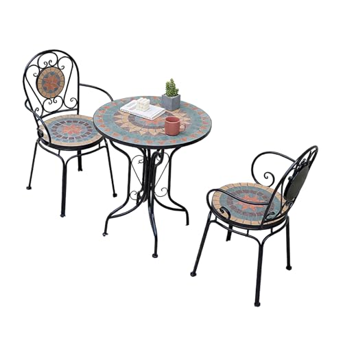 Labasuan 3 Piece Mosaic Bistro Set, Mosaic Tile Furniture, 2-Seater Round Top Table+Chairs Set with Iron Mesh Seating Design, for Garden, Patio, Balcony, Outdoor Furniture(Black)