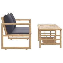 XHNIFBN 2 Piece Bamboo Patio Lounge Set with Dark Gray Cushions, Rustic Outdoor Furniture Set Includes 45.3 Inch Garden Bench and Coffee Table for Backyard, Porch, and Balcony Seating