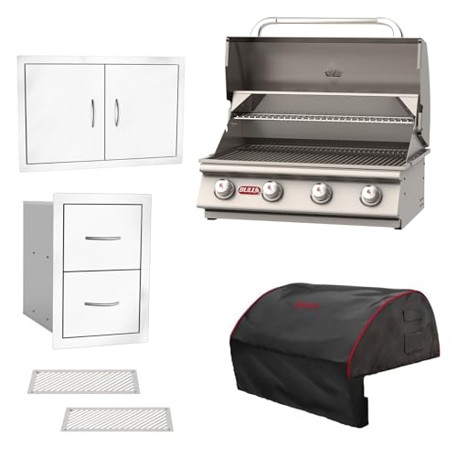 Bull Outdoor Products Outlaw 30-Inch Built-In Natural Gas Grill Bundle – Stainless Steel Outdoor Kitchen – Includes Double Access Doors, Double Drawers, Vent Panels & Grill Cover