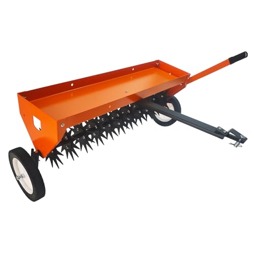 Tow Behind Aerator, 40 Inch Spike Aerator with Universal Hitch, Durable Lawn Aerator Soil Penetrator Tractor with Transport Wheels, Steel Teeth, Tray, Suitable for Lawn, Farm and Garden, Orange