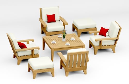 WholesaleTeakFurniture Caranas 7 Piece Teak Wood Lounge Chair Set: 4 Lounge Chairs, 2 Ottomans & Square Coffee Table with Cushions in Outdoor Sunbrella Fabric #5404 Canvas Natural