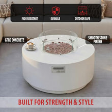 AMS Round Concrete GFRC Propane Gas Fire Pit Table Bundle (Cream White)