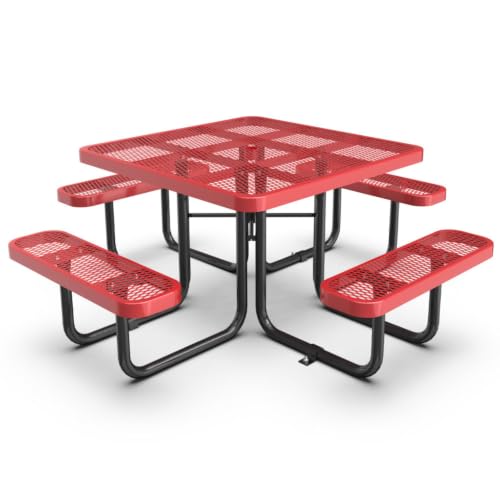Hassyee Picnic Table with Umbrella Hole and Built-in Benches for Park, Garden, Poolside, Outdoor Patio Camping Table and Bench Set with Mesh Design for Backyard, Lawn, Deck (Red Square Table)