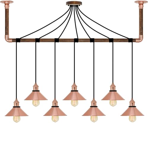 Brown and Copper Shade Pendant Light Wrap with Wood and Copper Ceiling Bracket - 7 Pendants