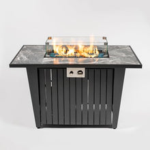 42" Propane Gas Fire Pit Table 50000 BTU Rectangular Outdoor Fire Pit with Marble Tile Tabletop Glass Wind Guard, Steel Patio Fire Table & Lid, Blue Glass Beads & Rain Cover for Backyard Garden, Gray