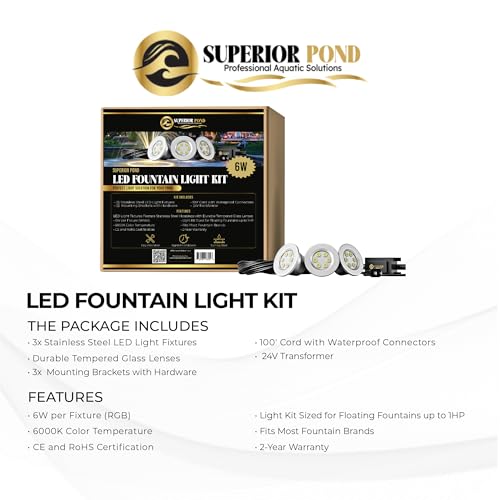 SUPERIOR POND Fountain Light Kit 3X LED 6-Watt with 100 Foot Cord