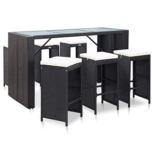 7 Piece Poly Rattan Outdoor Patio Bar Set with Cream Cushions, Black PE Wicker Bar Table and 6 Stools, Weather Resistant Dining Set for Garden, Balcony, Poolside Entertaining with Tempered Glass Top