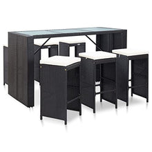 7 Piece Poly Rattan Outdoor Patio Bar Set with Cream Cushions, Black PE Wicker Bar Table and 6 Stools, Weather Resistant Dining Set for Garden, Balcony, Poolside Entertaining with Tempered Glass Top