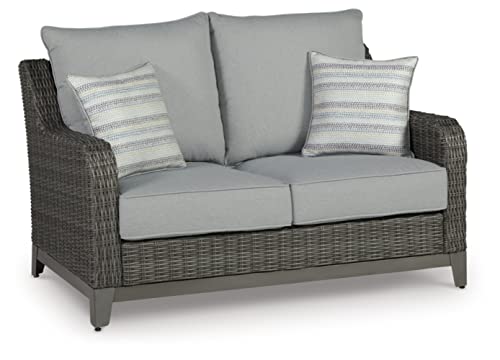 Signature Design by Ashley Outdoor Elite Park Patio Wicker Loveseat with Cushion Grey