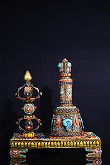 Generic Tibetan Silver Gilt Mosaic Gem Dzi Beads Vajra Rattle Bell Set 17