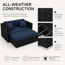 Golden Flame Outdoor Day Lounger with Matching Ottoman, All-Weather HDPE Wicker Patio Chaise Lounge with Plush Cushions, Powder-Coated Aluminum Frame, Deep Outdoor Seating - Spectrum Indigo