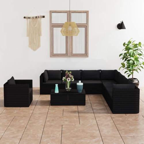 VGLQNRPT 10-Piece PE Rattan Patio Lounge Set, Modular Outdoor Garden Furniture with Tempered Glass Coffee Table, Black
