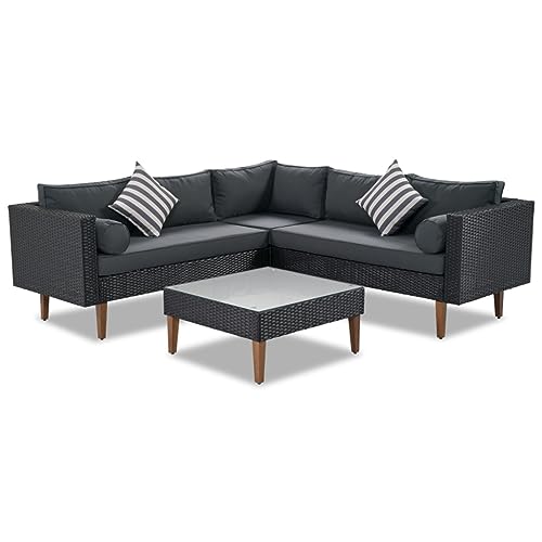 YWMLFZ 4-Pieces Outdoor Wicker Sofa Set, Patio Furniture L-Shape, Cushions and Black Rattan