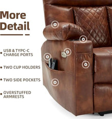 UOPYNE Large Lay Flat Power Lift Recliner Chair with Heat and Massage, Dual Motor Infinite Position Electric Recliner with Extended Footrest, Cup Holder, USB and Type C Ports, Brown