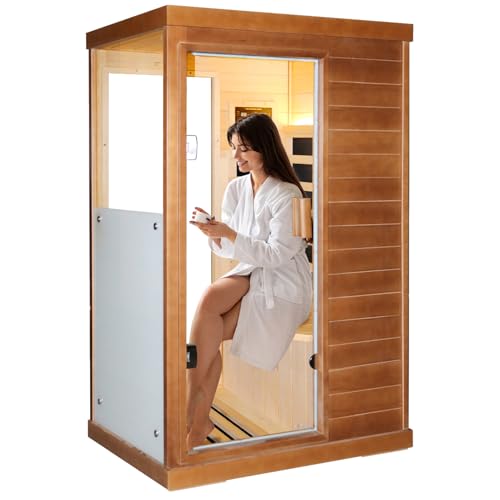 OUTEXER Far Infrared Sauna Home Spa Low-EMF Canadian Hemlock Wood 800W Red 35.2*27.6*61.6Inch
