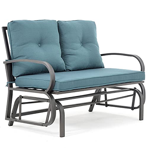 Penny Online Glider Bench for 2-Person Outdoor Glider Bench Outside Patio Glider Rocking Loveseat Steel Frame Chair Set with Armrest UV- and Water-Resistant Cushion (Khaki)