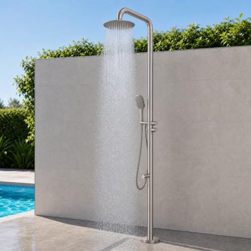 WCQQ 316 Stainless Steel Outdoor Floor Shower with 3 Functions, Freestanding 10" Headshower & Handheld Shower for Backyard Patio Relaxation/Easy Garden Clean (Brushed nickel)