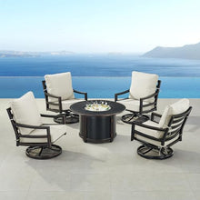 Oakland Living Black Aluminum Patio Fire Table Set with Four Club Chairs with Light Grey Cushions