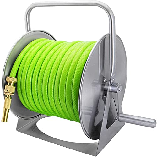 FKTHYO Garden Tools Portable Hose Reel, Stainless Steel Cart Storage Rack, Metal Car Wash Water Gun Set Used for Cleaning Watering (Blue，Green 40 Meters Water Pipe)