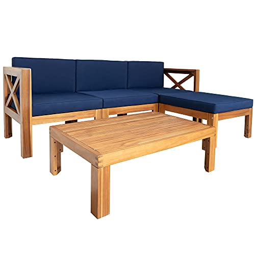 Yyuoqafn Outdoor Patio Wood 5-Pcs Sectional Sofa Seating Group Set w/Cushions 2 Corner+1 Armless Sofa+1 Ottoman+1 Tea Table