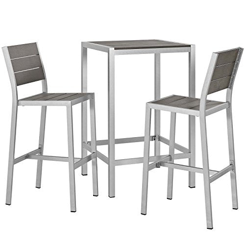 Modway Shore Aluminum 3-Piece Outdoor Patio Pub Bistro Set with 28" Bar Table and Two Bar Stools Silver Gray