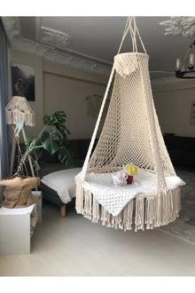 Large Macrame Hammock Swing Chair, Handmade Cotton Rope, 39.4 in Seat, 330.8 lb Capacity, Modern Style, Includes Ceiling Mounts - Ecru