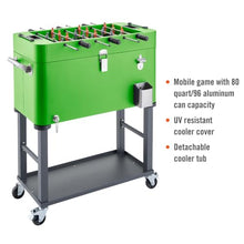 Trinity 80 Quart Beverage Cooler with Foosball Table Top, Rolling Cart, Storage Shelf, Detachable Tub, 96 Can Capacity, Electric Green