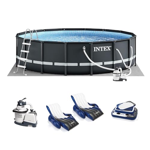 Intex 26325EH Ultra XTR 16ft x 48in Above Ground Swimming Pool Set with Sand Filter Pump, Inflatable Lounge Pool Recliners (2-Pack) and Inflatable Beverage Cooler