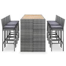 LPERTGFHU 9 Piece Patio Bar Set, Outdoor Poly Rattan High Top Table and 8 Bar Stools with Acacia Wood Top, Gray