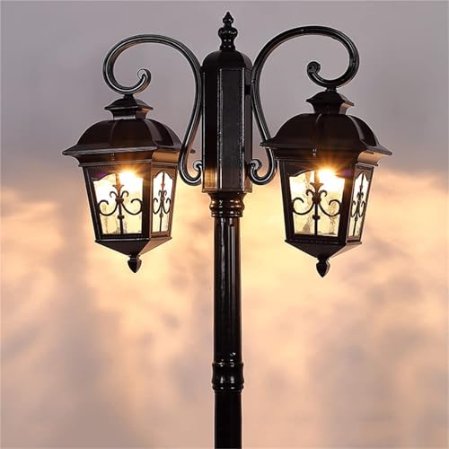 CUTPOIY Solar Post Lights Outdoor Lamp Post Light, Rural Black High Pole Lighting 2-Lights Outdoor Waterproof Patio Landscape Street Lights Aluminum Glass E27 American Park (Black-Height: 2.3M)