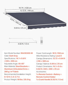 VEVOR Electric Retractable Awning, 14.1' x 9.8' Motorized Patio Awning