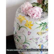DESALAI Decorative Drum Stool with Flowers & Butterflies - Glazed Ceramic Bohemian Garden Seat for Patio and Living Room