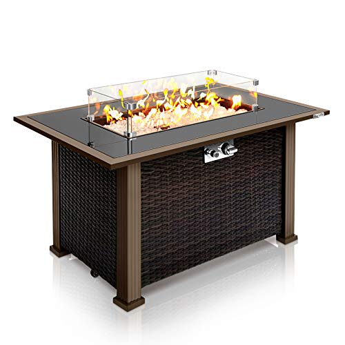 Outdoor Propane Fire Pit Table - CSA Approved Safe 50,000BTU Auto-Ignition Propane Gas Fire Table - Rattan Panel, Glass Wind Guard, Black Tempered Glass Tabletop, Clear Glass Rock - SereneLife SLFPTL