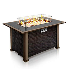 Outdoor Propane Fire Pit Table - CSA Approved Safe 50,000BTU Auto-Ignition Propane Gas Fire Table - Rattan Panel, Glass Wind Guard, Black Tempered Glass Tabletop, Clear Glass Rock - SereneLife SLFPTL