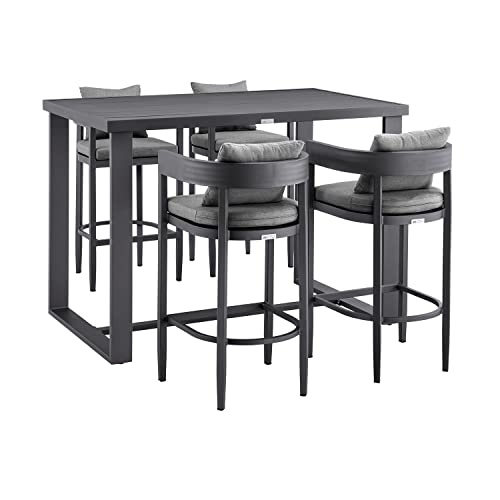 Armen Living Menorca Outdoor Patio 5-Piece Bar Table Set Aluminum Dark Grey