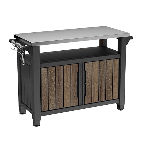 Keter Unity XL Outdoor Entertainment Cart with Wood‑Look Finish, 78‑Gallon Patio Storage Cabinet, Food Prep Station, Stainless‑Steel Top for BBQ, Grill, Patio, Deck & Backyard, Walnut