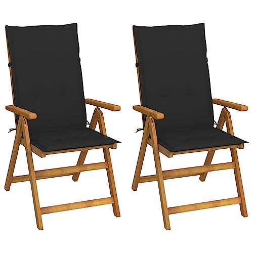 KFPOERTFGD Set of 2 Outdoor Acacia Wood Garden Chairs, Foldable Reclining Patio Seats with Cushions, Adjustable Backrest Patio Furniture, Black